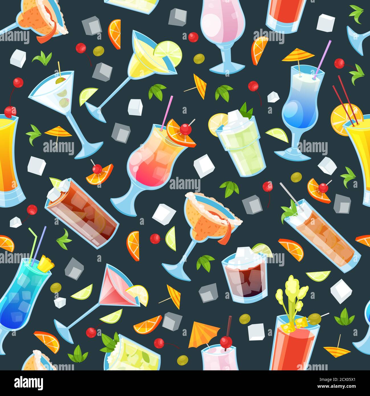 Modello vettoriale senza cuciture con cocktail tropicali alcolici. Bar bevande e bevande, ristorante sfondo nero. Illustrazione Vettoriale