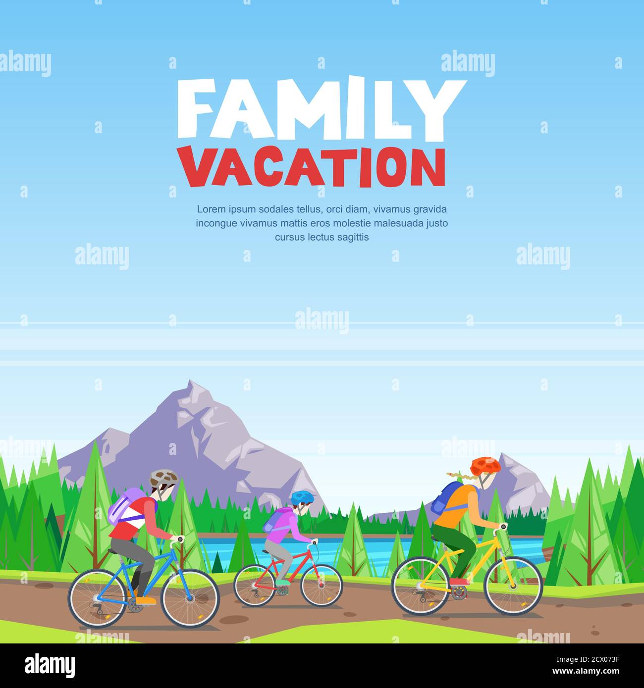 Vacanze in famiglia, ciclismo e attività sportive all'aperto. Mamma, papà e figlio in bicicletta su strada di montagna. Illustrazione stile cartoon vettoriale. Illustrazione Vettoriale