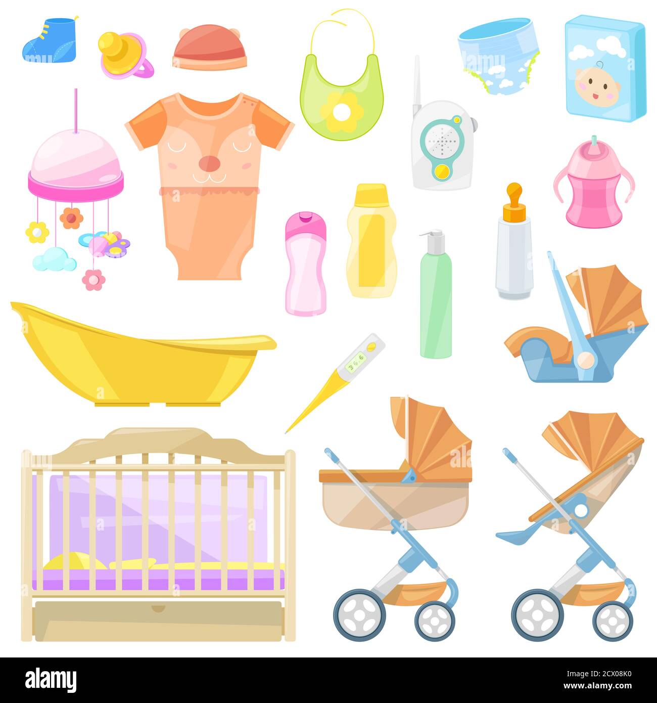 Set di icone vettoriali e elementi di design per i prodotti per bambini.  Colore roba per bambini per feding, asilo, bagno, camminare. I bambini  possono fare acquisti di cartoni animati Immagine e
