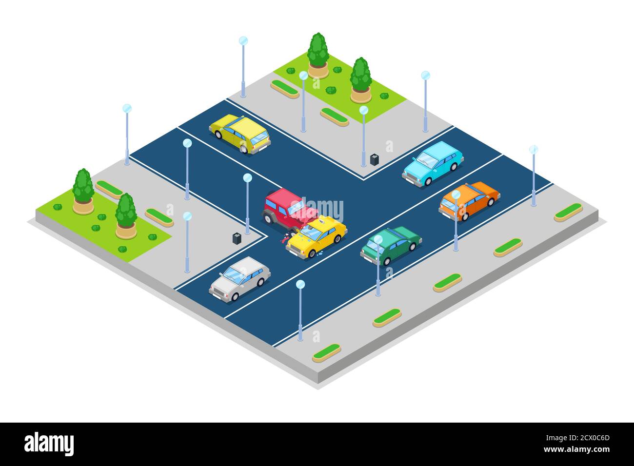 Incidente d'auto e incidente, immagine vettoriale isometrica 3D. Collisione all'intersezione delle strade principali e secondarie. Sicurezza del traffico stradale e della strada Illustrazione Vettoriale