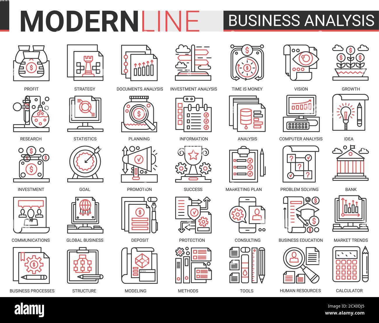 Business analytics concept complesso sottile rosso linea nera icone insieme vettoriale, businessman analyst strumenti, digitale analisi delle informazioni di borsa, strategia di consulenza delineare la raccolta di simboli web Illustrazione Vettoriale