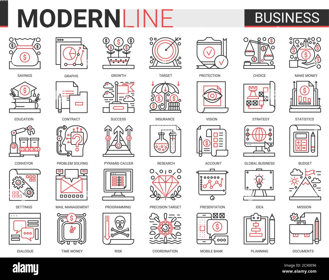 Business complesso concetto sottile rosso linea nera icona vettore insieme con contorno infografica simboli di successo strategia di business per la crescita di risparmio di denaro, budget di pianificazione di successo e lavoro d'ufficio Illustrazione Vettoriale