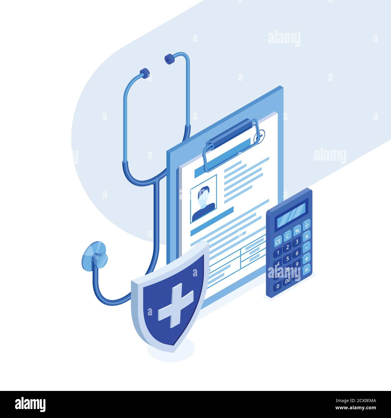 Concetto di assicurazione medica. Illustrazione isometrica 3d vettoriale. Medicina e salute blu gradiente icone. Illustrazione Vettoriale