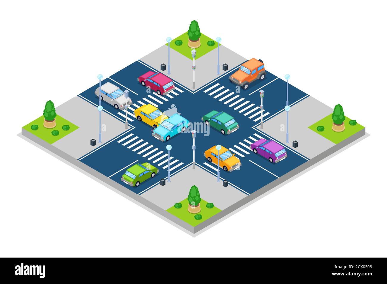 Incidente d'auto e incidente, immagine vettoriale isometrica 3D. Collisione all'incrocio con semafori. Sicurezza traffico stradale e assicurazione stradale conc Illustrazione Vettoriale