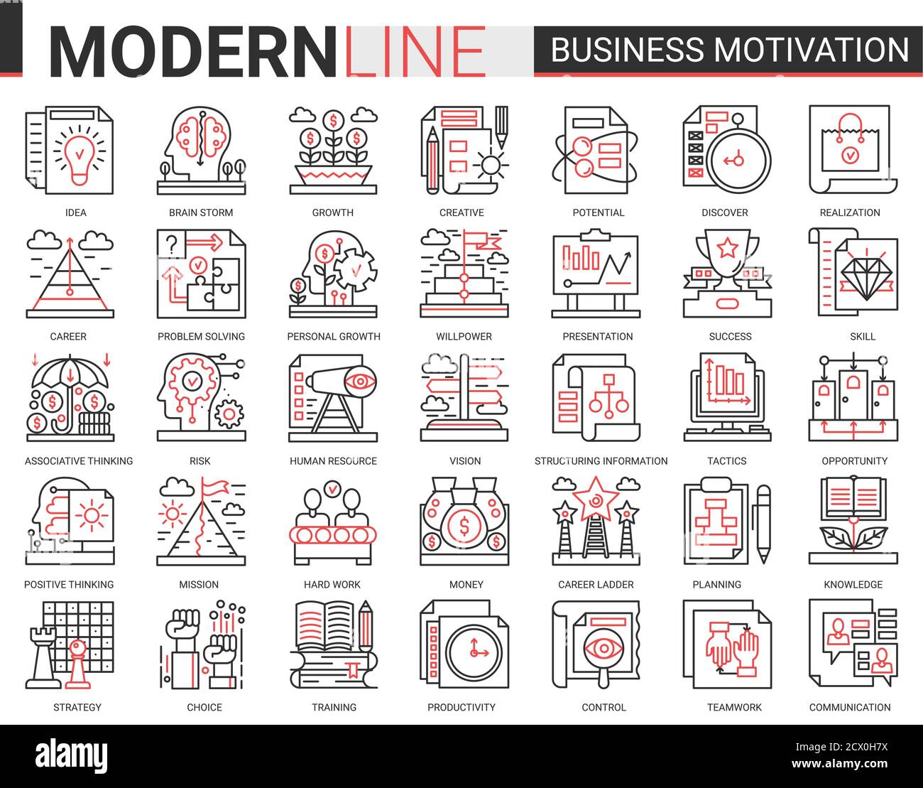 Motivazione aziendale concetto complesso concetto sottile rosso linea nera icona vettore insieme con simboli motivazionali contorno, produttività dei processi finanziari, lavoro di squadra pianificazione aziendale, comunicazione formazione Illustrazione Vettoriale