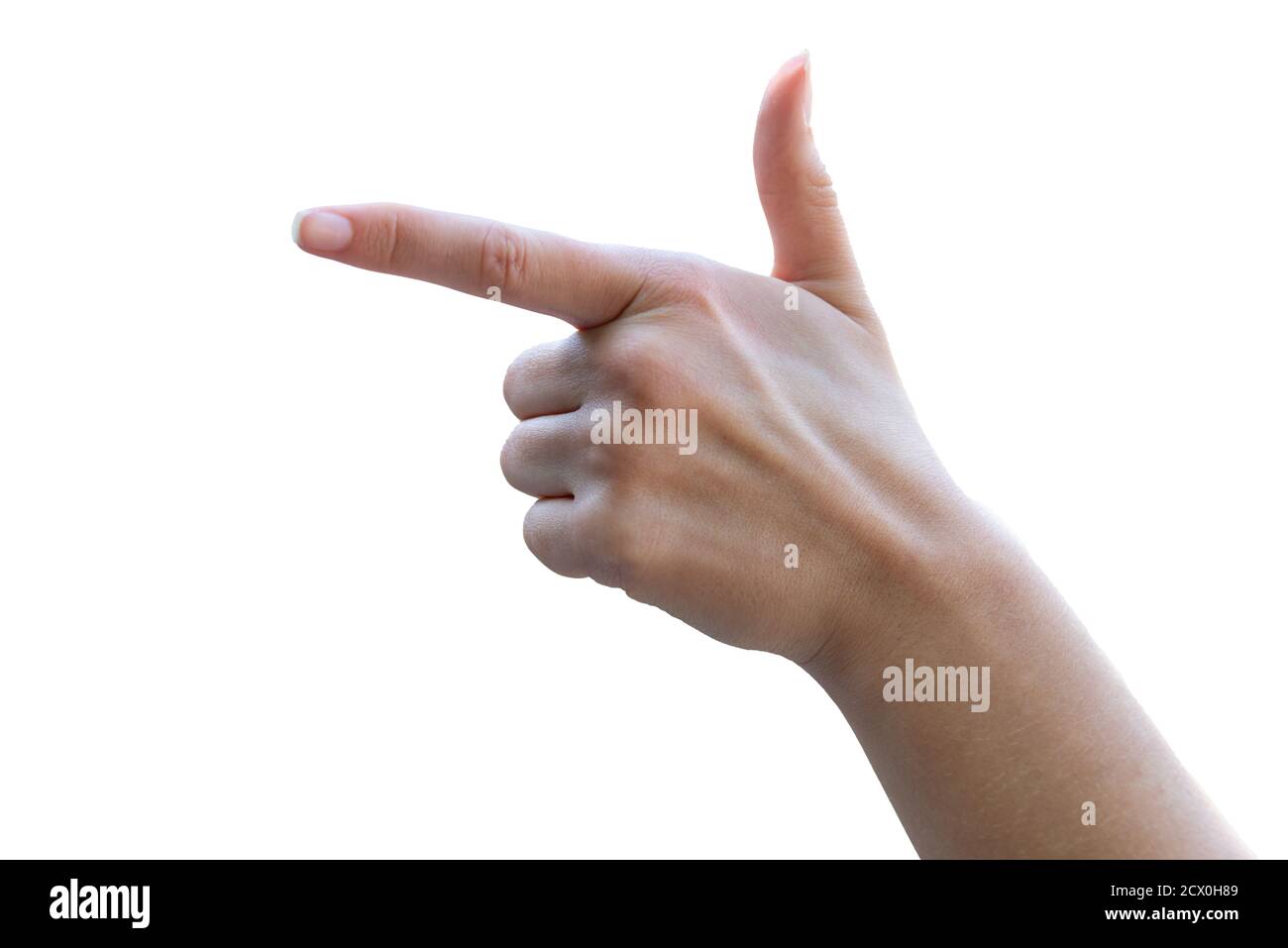mano giovane femmina con dito che punta isolato su un bianco sfondo Foto Stock