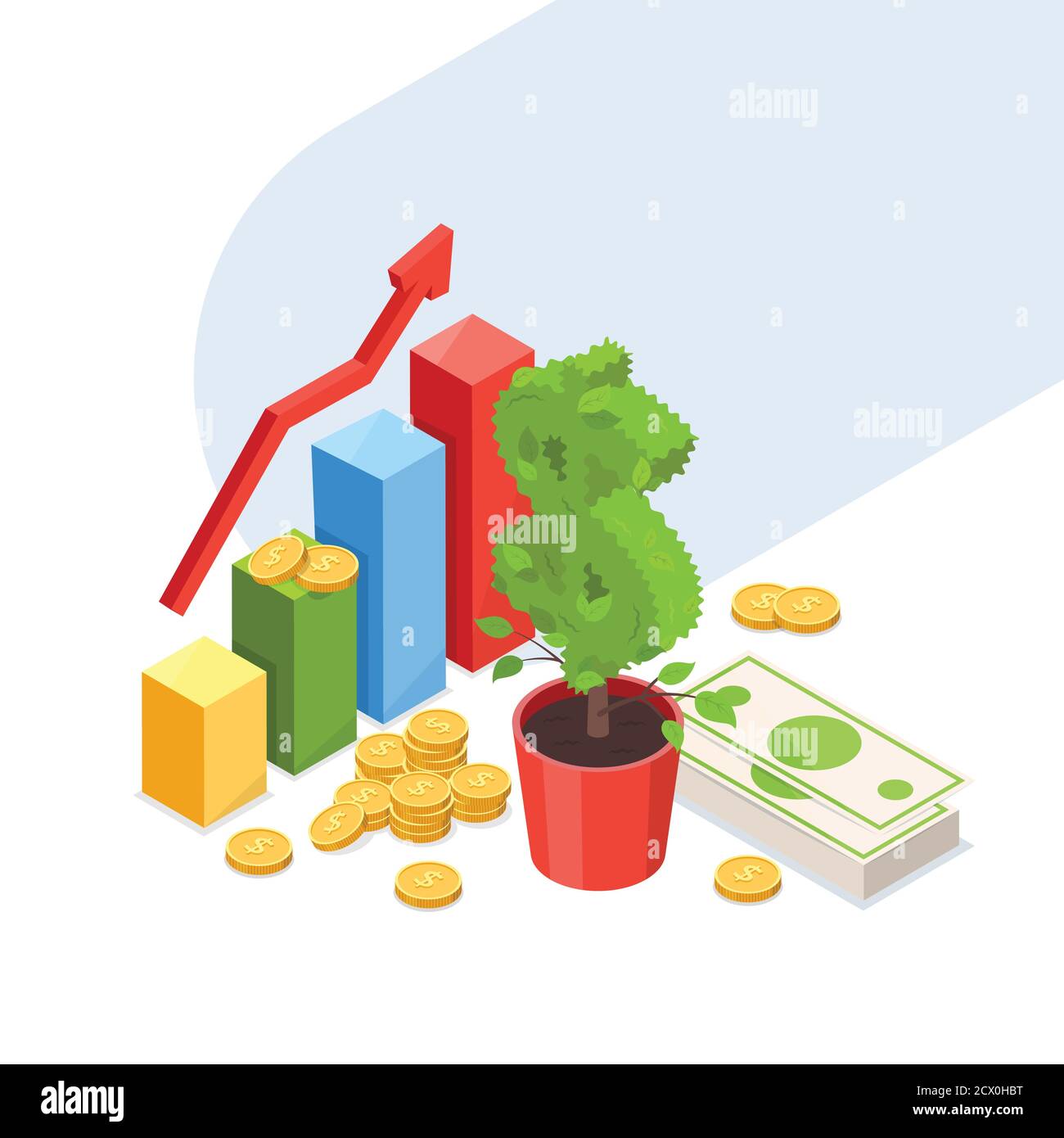 Investimento, sviluppo e finanziamento concetto di business per la crescita. Illustrazione isometrica 3d vettoriale. Pianta verde del dollaro crescente o albero, grafico multicolore Illustrazione Vettoriale