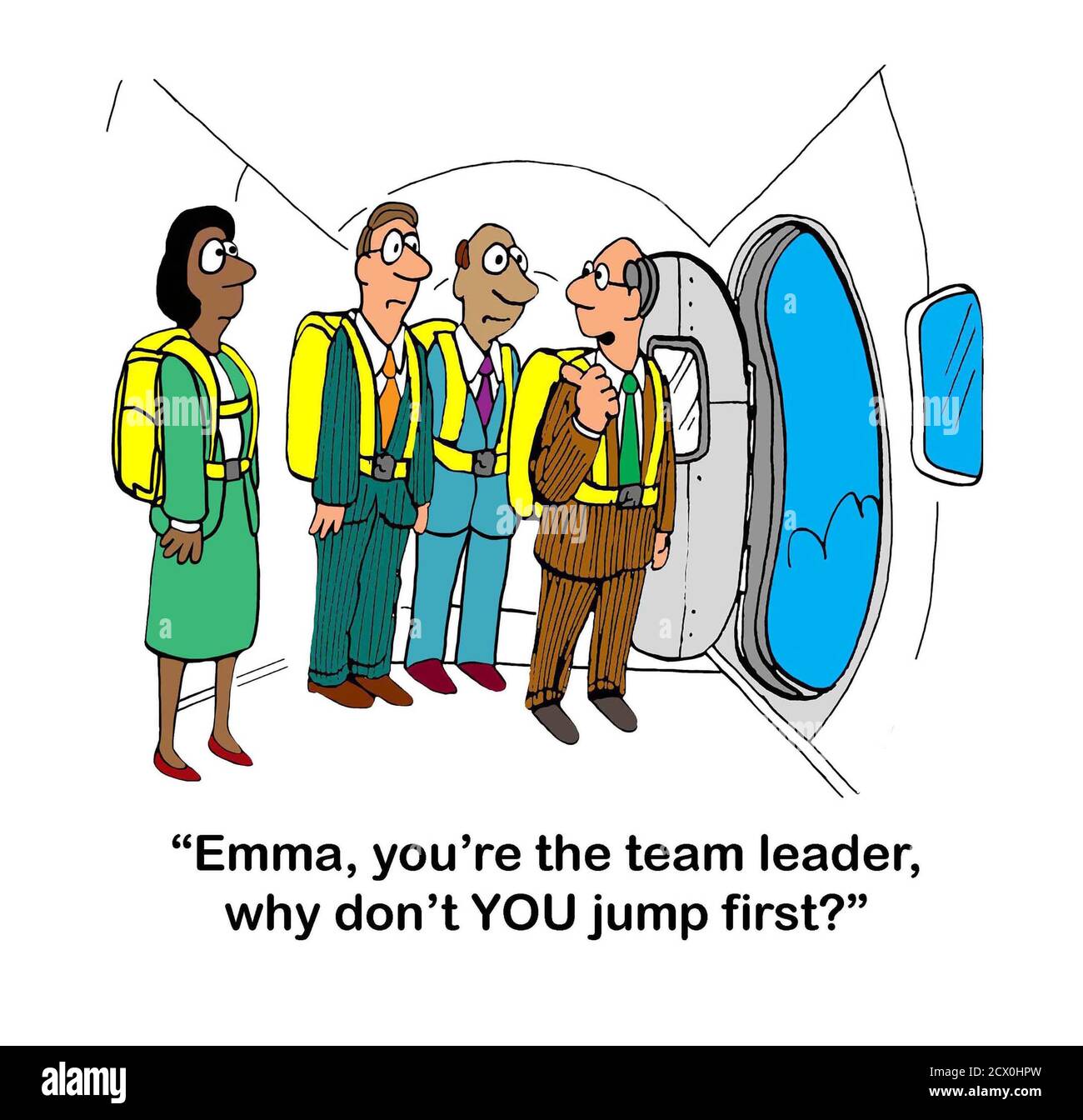 Un membro del team maschile chiede al leader del team femminile di paracadute dall'aereo Foto Stock