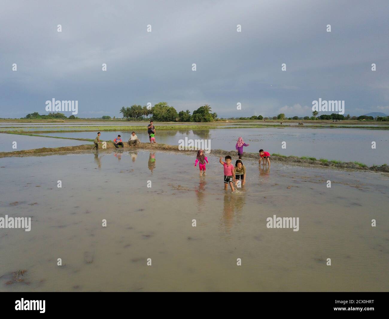 PENAGA, Penang/Malaysia - Nov 03 2019: I bambini malesi giocano a Paddy Field durante la stagione dell'acqua. Foto Stock