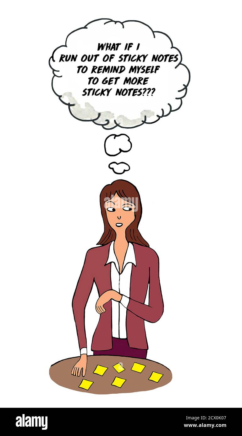 Cartone animato a colori di una donna d'affari che pensa di esaurire le note appiccicose per ricordarsi di acquistare più note appiccicose. Foto Stock