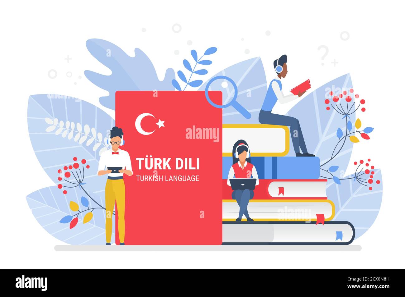 Persone che imparano la lingua turca illustrazione vettoriale. Turchia formazione a distanza, concetto di corsi di formazione online. Studenti che leggono libri cartoni animati. Insegnamento delle lingue straniere Illustrazione Vettoriale