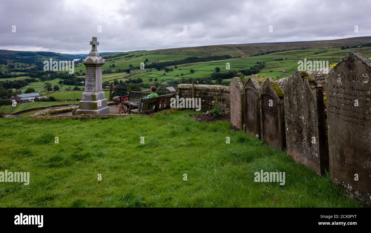 Persona con un cane che ammira la vista lungo Nidderdale da Middlesmoor, North Yorkshire, Inghilterra, Regno Unito Foto Stock