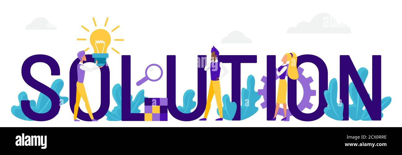 Illustrazione vettoriale del concetto della parola di soluzione. Cartoon flat business persone in piedi accanto alla grande soluzione di scrittura, uomo d'affari che tiene lightbulb simbolo concettuale di nuova idea startup isolato su bianco Illustrazione Vettoriale Illustrazione vettoriale del concetto della parola di soluzione. Cartoon flat business persone in piedi accanto alla grande soluzione di scrittura, uomo d'affari che tiene lightbulb simbolo concettuale di nuova idea startup isolato su bianco Illustrazione Vettoriale