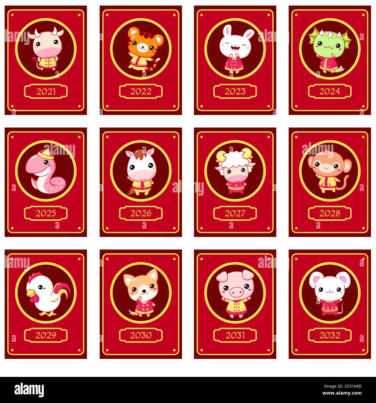 Set di tag regalo, carta, badge, adesivo con caratteri cinesi del segno del nuovo anno in stile kawaii. Carino animale in abiti cinesi tradizionali. EPS8 vettore Illustrazione Vettoriale