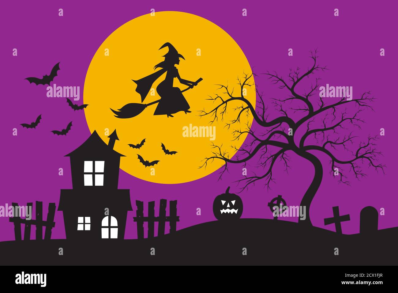 Strega che vola sul bastone di criceto e la vecchia silhouette di casa infestata di fronte alla grande luna e il cielo viola con pipistrelli. Concetto di vacanza di Halloween Illustrazione Vettoriale