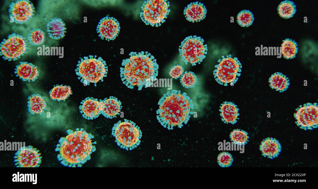 Microscopico COVID-19 molecole di Coronavirus - nCOV Virus dell'influenza patogeno sotto Microscopio da laboratorio medico macro - corpo rosso e giallo con Punte blu Foto Stock