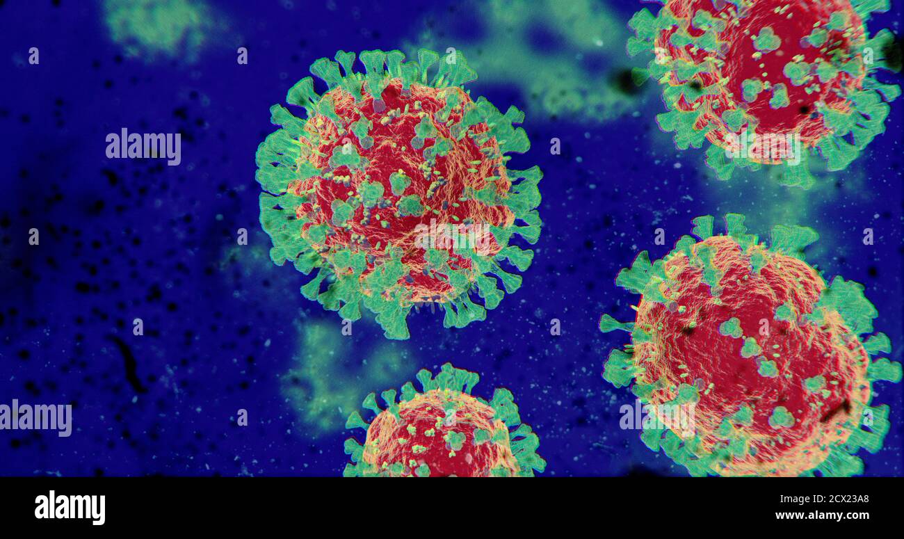 Microscopico COVID-19 molecole di Coronavirus primo piano - nCOV virus dell'influenza patogeno sotto Macro Medical Lab Microscope - Testing, consapevolezza concetto Foto Stock