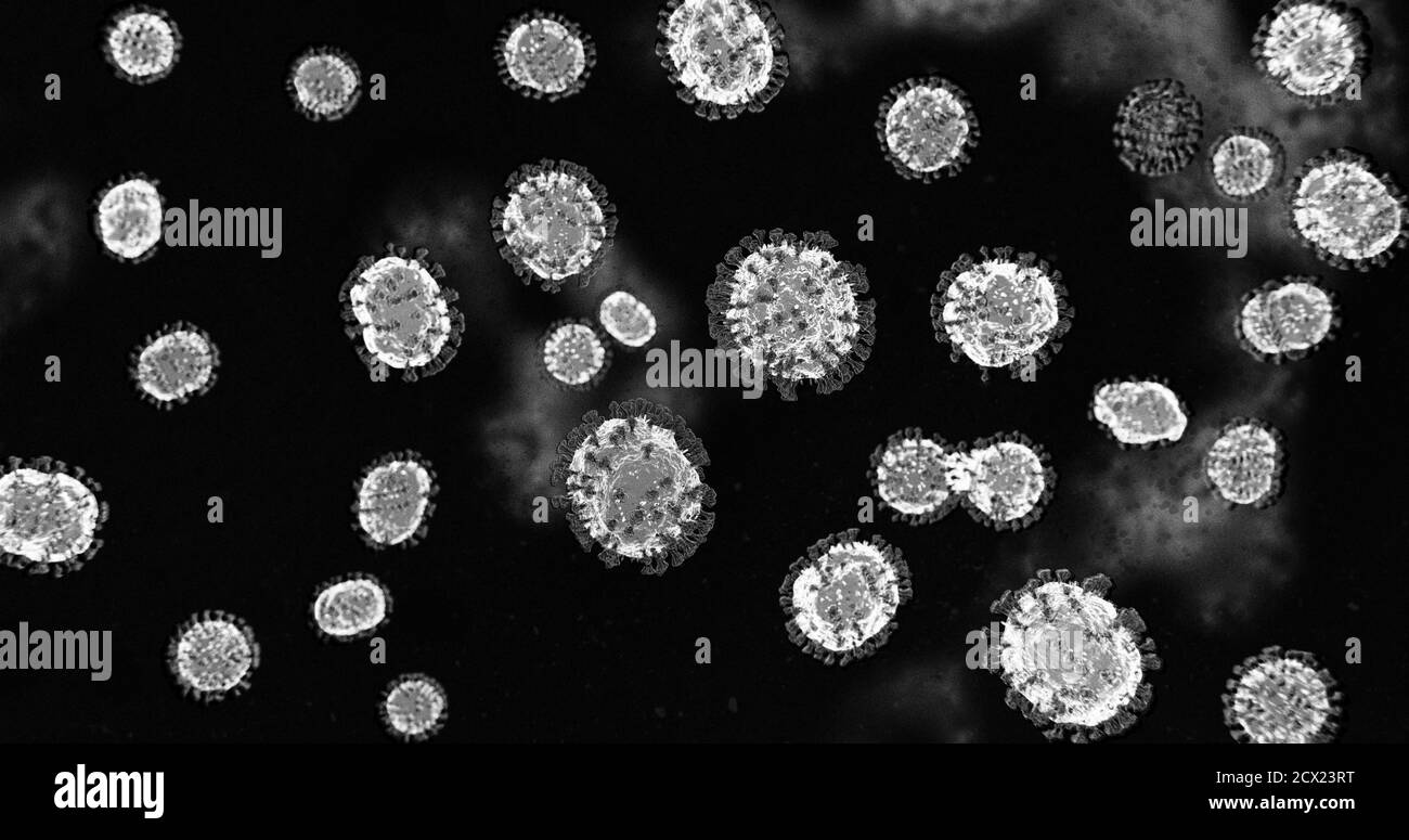Microscopico COVID-19 molecole di Coronavirus Bianco e nero - nCOV influenza Virus patogeno sotto il microscopio Macro Medical Lab Foto Stock