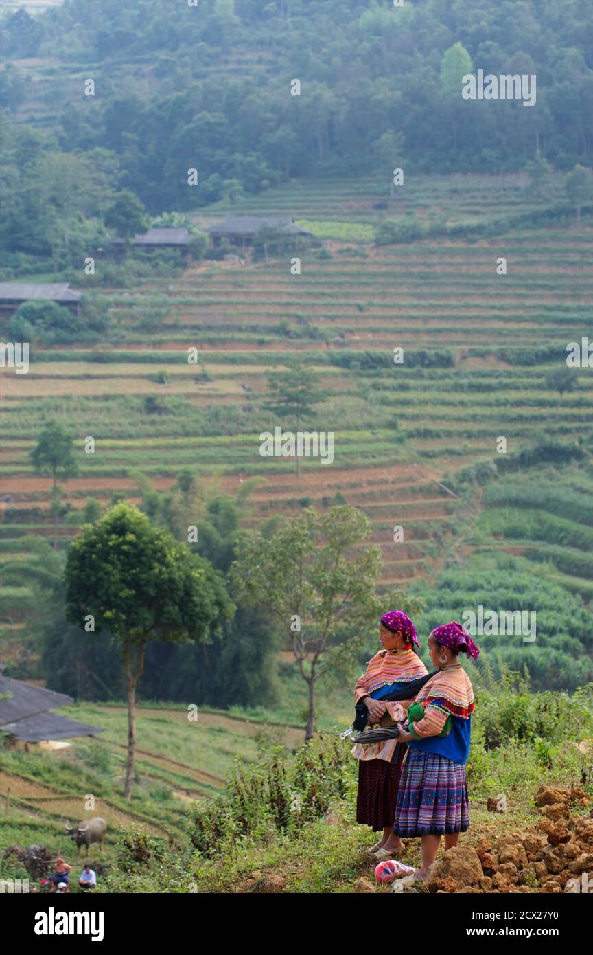 Donne Hmong in corrispondenza può cau, vicino a Bac Ha. Lao Cai provincia, nel Vietnam del Nord Foto Stock