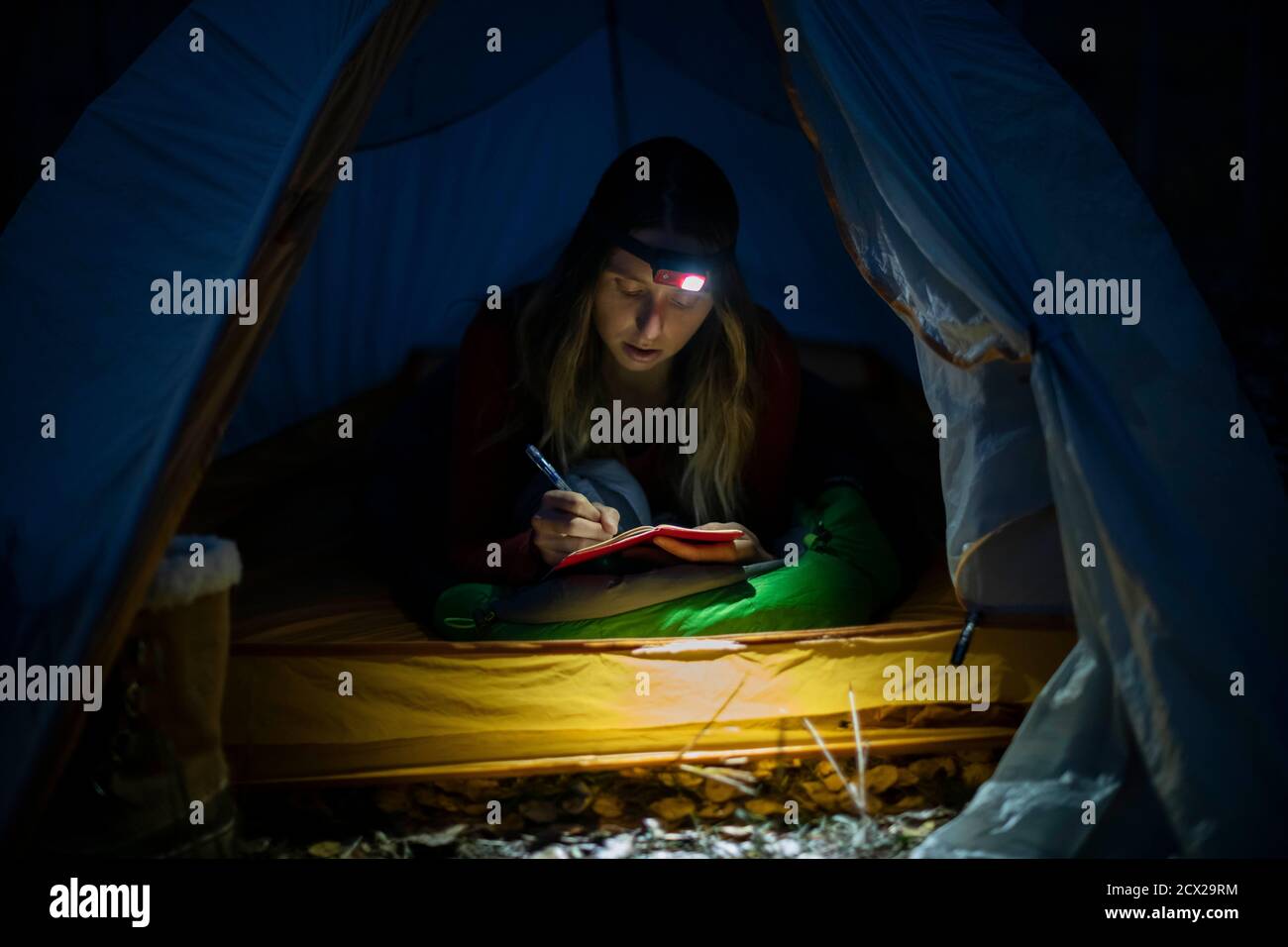 Giovane donna che scrive nel diario in tenda di notte Foto Stock