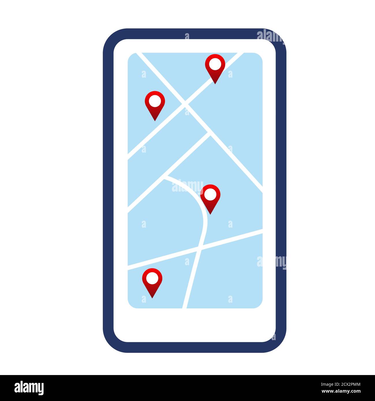 Isolare l'illustrazione dello schermo del telefono cellulare con la mappa e la posizione geografica. Illustrazione Vettoriale