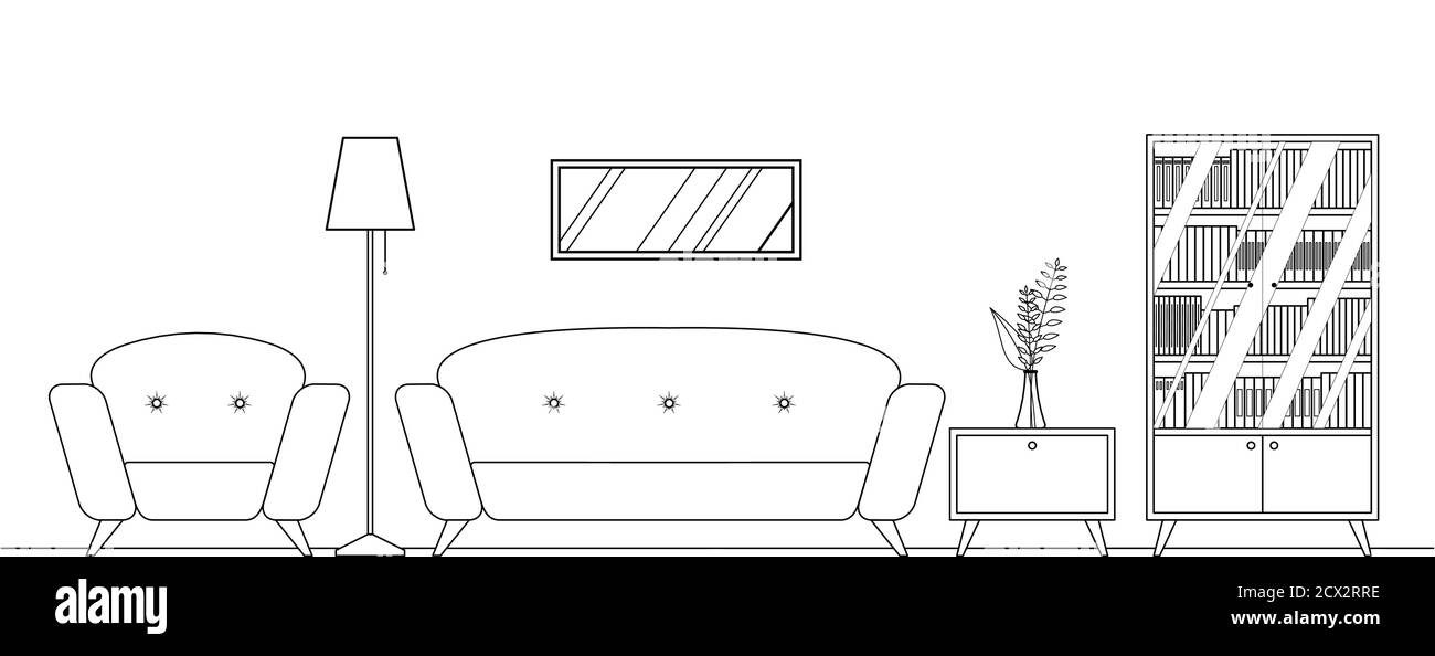 Vector contorno interno soggiorno con mobili. Comodo divano, sedia, libreria, lampada. Per colorare libro. Illustrazione vettoriale di stile piatto. Illustrazione Vettoriale