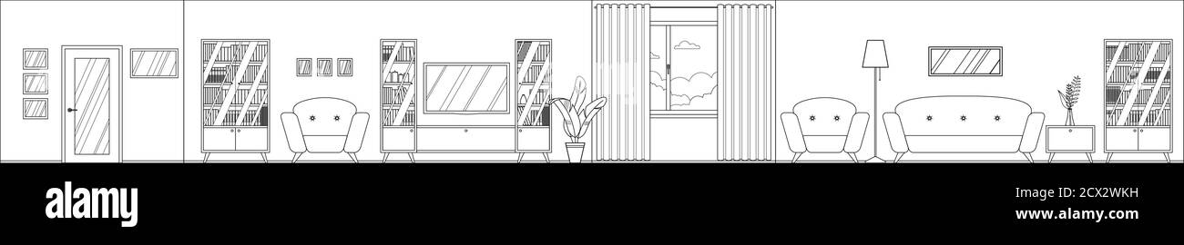 Panorama vettoriale dell'interno del soggiorno con mobili; scansione della stanza. Quattro pareti; finestra, porta, comodo divano, poltrone, libreria, TV. FO Illustrazione Vettoriale