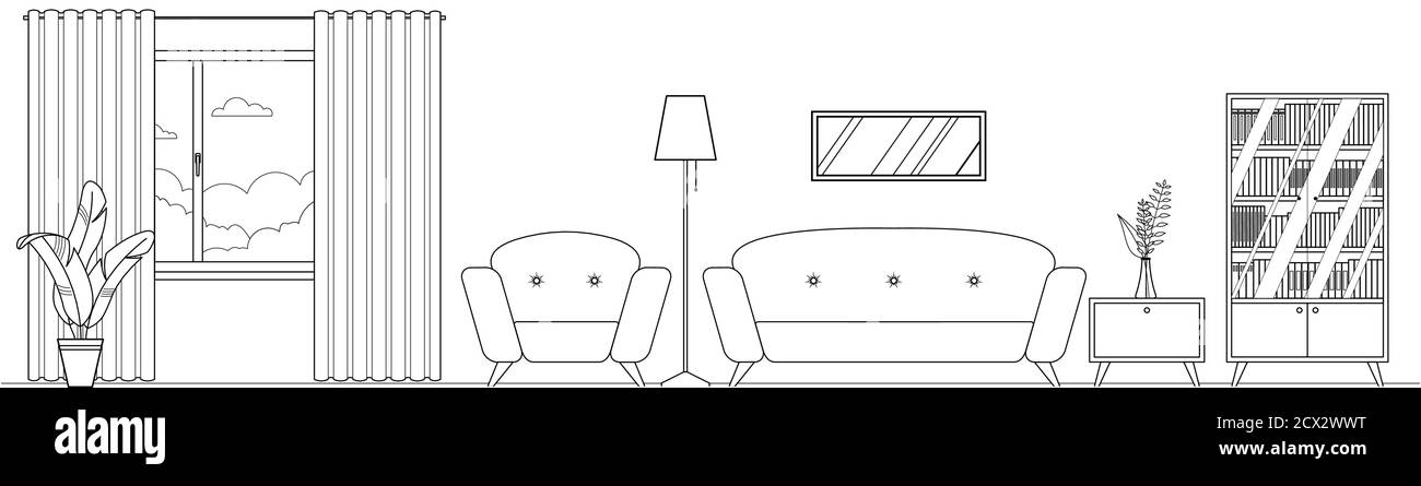 Vector contorno interno soggiorno con mobili. Comodo divano, sedia, libreria, pianta di casa, finestra. Per colorare libro. Illusione vettore stile piatto Illustrazione Vettoriale