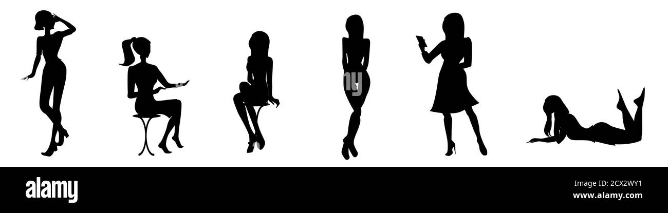 Set di silhouette nere in posa femminile. Ragazze in piedi, seduti su uno sgabello, mentendo. Segno femminile. Figura ragazza. Cartelli camera Ladys. Illustrazione Vettoriale