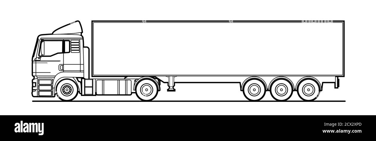 Vettoriale, autocarro, con semirimorchio, vista laterale. Mascherina bianca per camion, semirimorchio per pubblicità, per libro da colorare. Trasporto tra Illustrazione Vettoriale