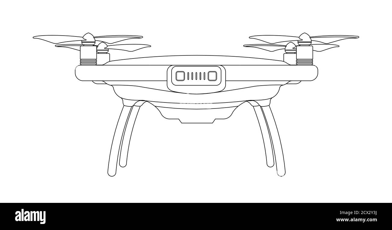 Vettore contorno bianco quadcopter, drone su sfondo bianco. Copter, UAV, Unmanned veicolo aereo per tiro terreno, consegna merci, pacchi. C Illustrazione Vettoriale