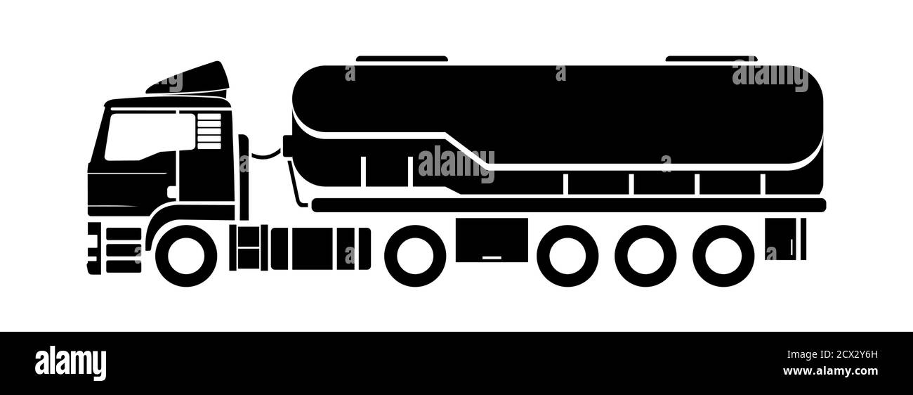 Silhouette vettoriale, emblema, logo carro attrezzi, vista laterale. Carrello; serbatoio semirimorchio. Olio, autocisterna. Trasporto di merci, liquidi. Illustrazione Vettoriale