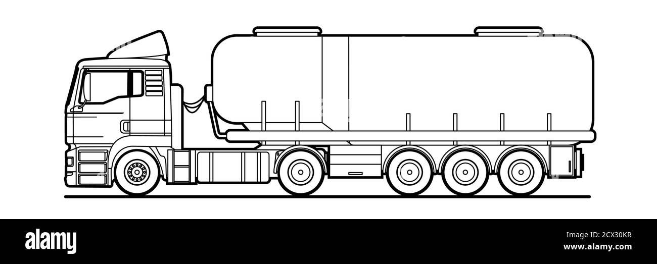 Profilo vettoriale, vista laterale del veicolo con serbatoio esterno. Carrello; serbatoio semirimorchio. Olio, autocisterna. Trasporto di merci, liquidi. Per colorare la pagina del libro. Illustrazione Vettoriale