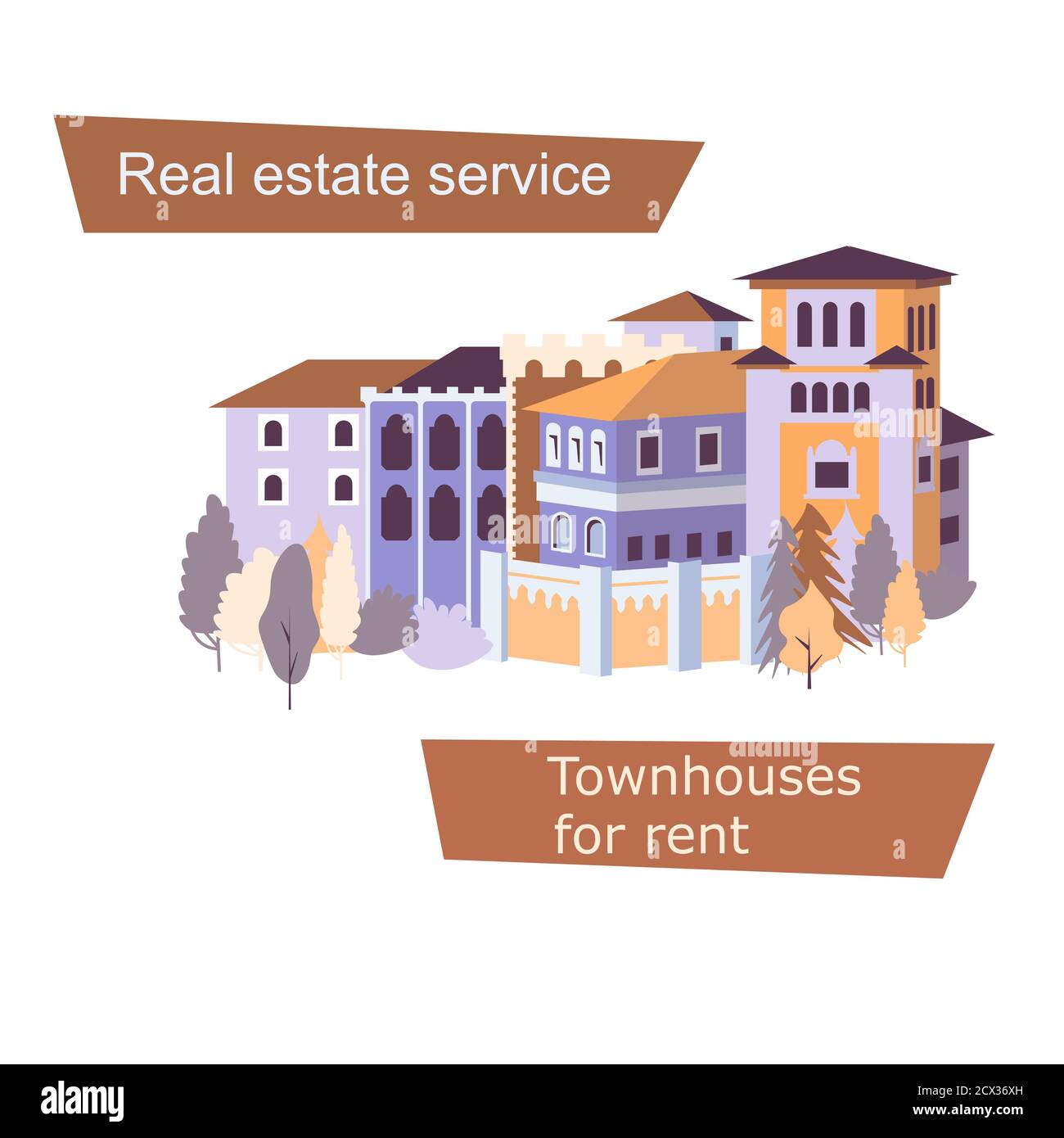 Web Design Template per la pubblicità. Concetto di servizio immobiliare. Case in affitto. Gruppo di cotegi. Inserire il testo Illustrazione Vettoriale