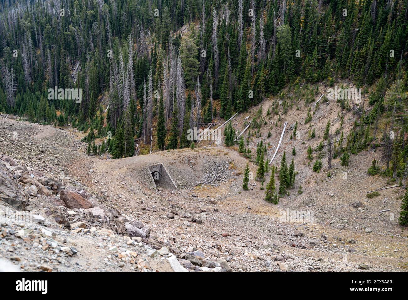 Vista sul ponte di cavatappi, parte della strada originale che conduce al parco nazionale di Yellowstone da Cody Foto Stock