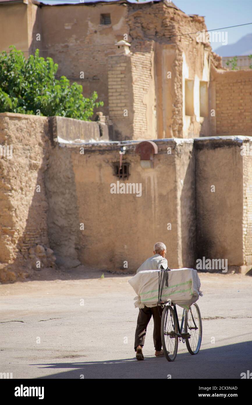 Uomo che trasporta i prodotti in bicicletta, Shiraz, Iran Foto Stock