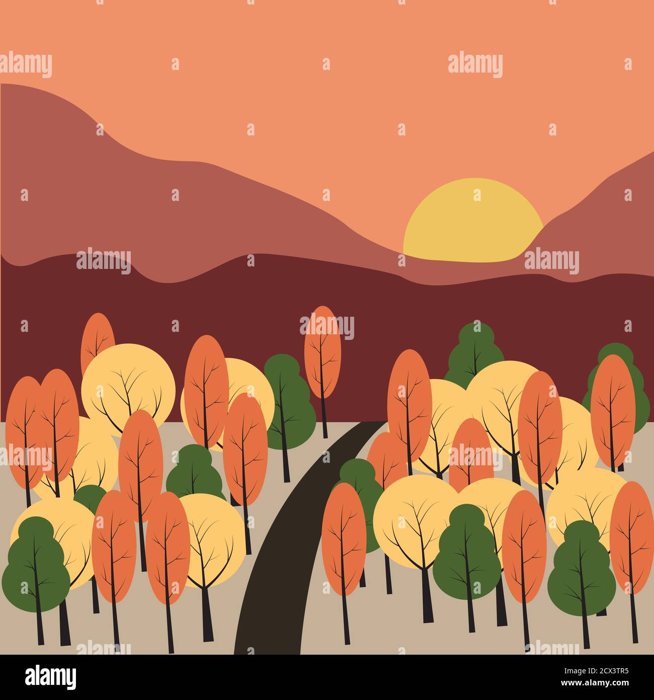 Una lunga strada attraverso una foresta in autunno durante il tramonto Illustrazione Vettoriale