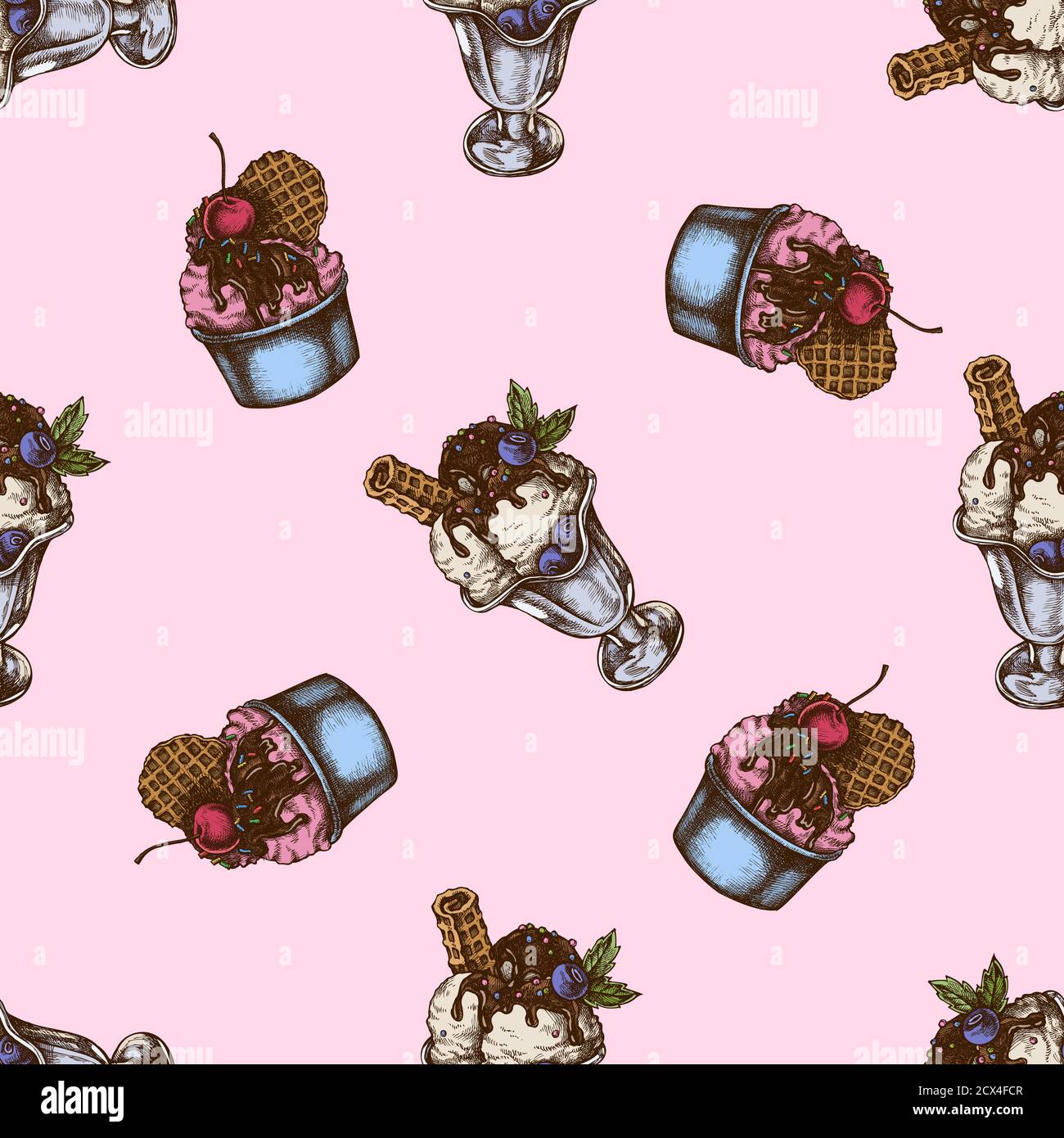 Motivo senza cuciture con coppe per gelato colorate disegnate a mano Illustrazione Vettoriale