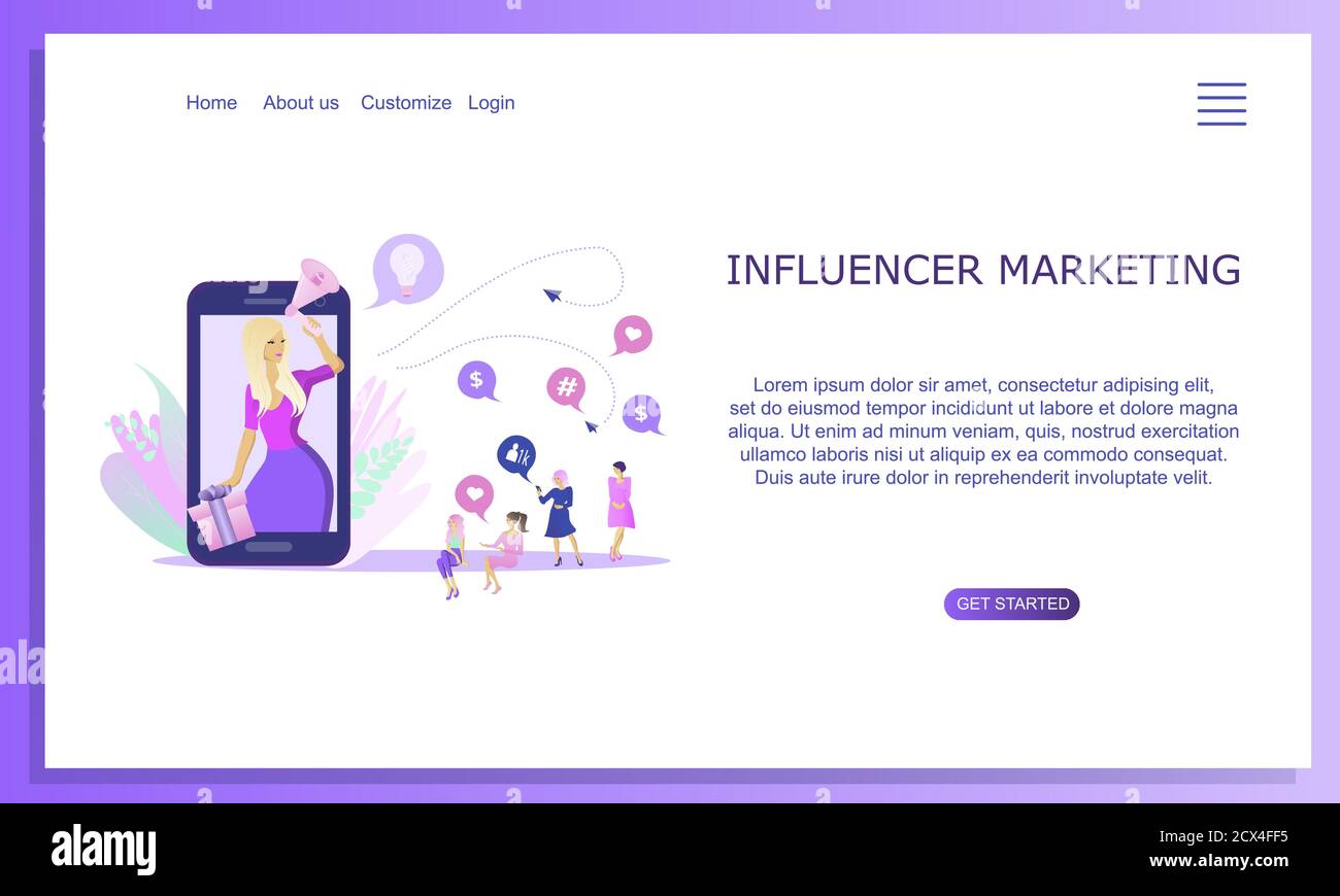 Concetto di marketing per influencer sui social media. Influenza il leader dell'opinione. Donna blogger di bellezza con diffusori trasmessi dallo schermo mobile. Concetto Illustrazione Vettoriale