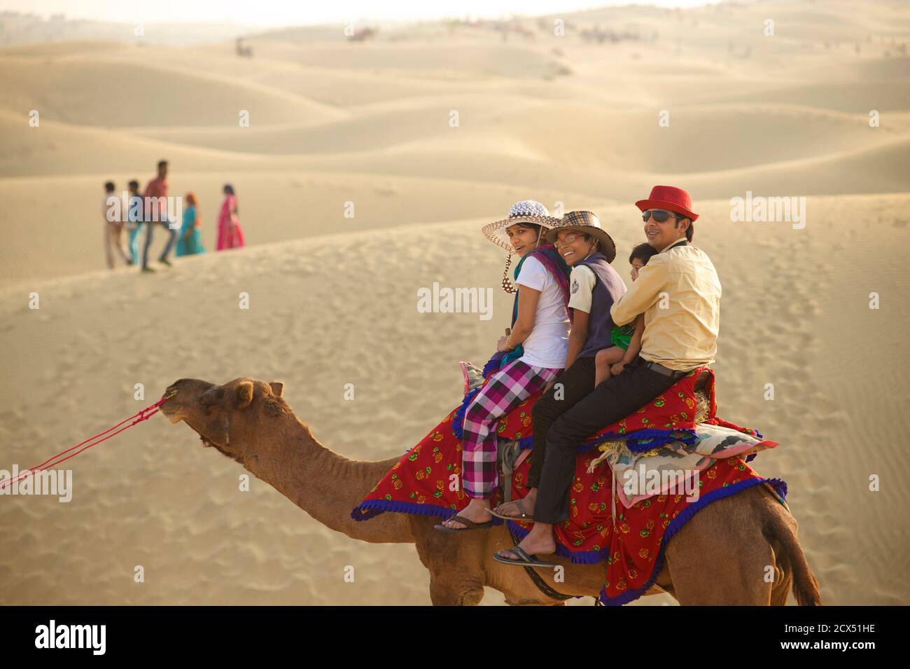 A dorso di cammello nel deserto del Thar a Sam, Rajasthan, India Foto Stock
