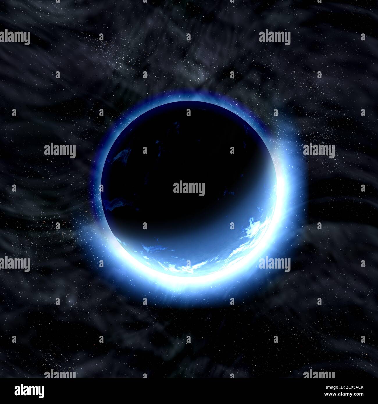 Galaxy exoplanet explorer - World Beyond our Solar System, sistema pianeta lontano nello spazio durante l'alba, zona abitabile con oceani liquidi Foto Stock