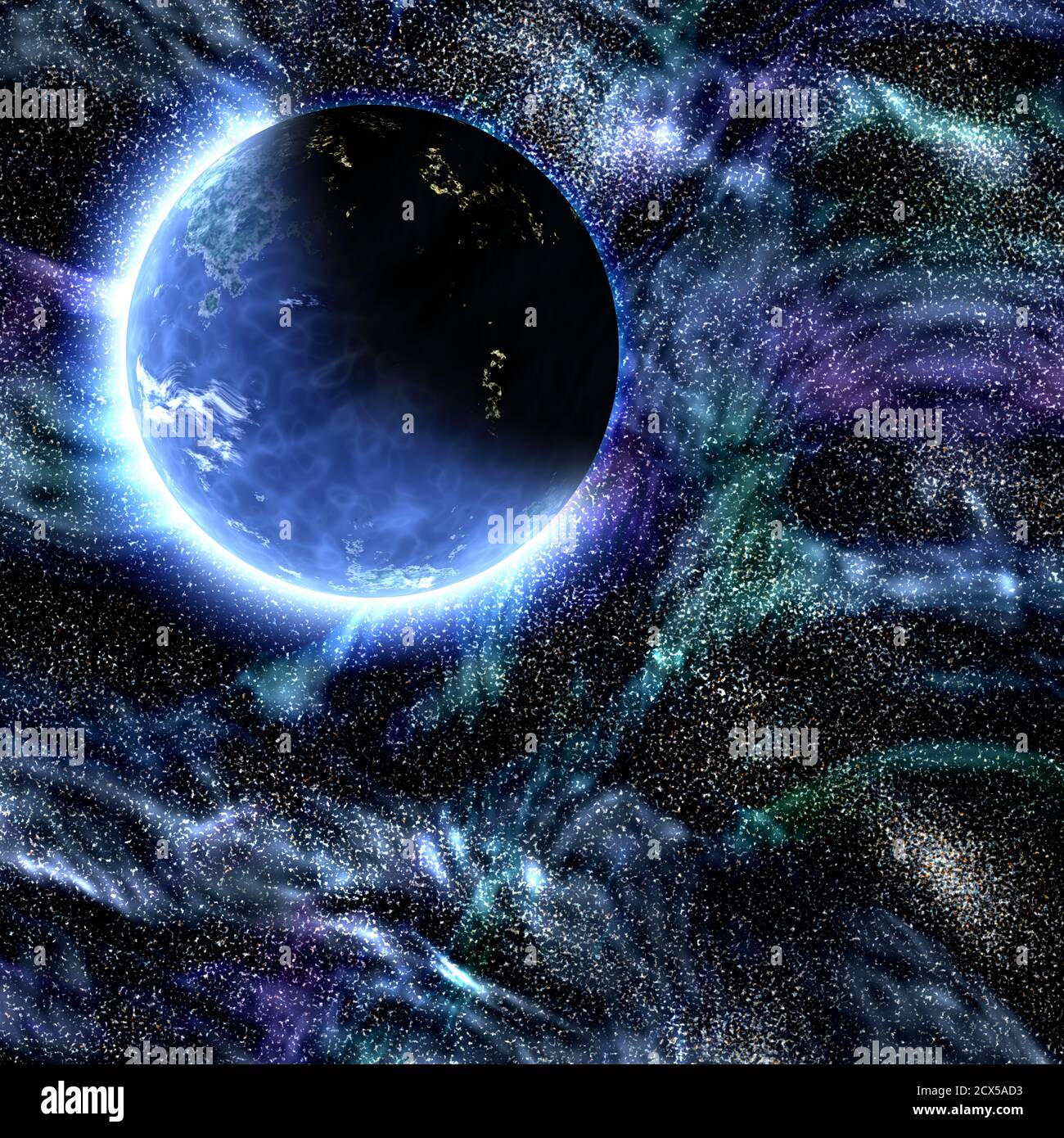 Galaxy exoplanet explorer - World Beyond our Solar System, sistema pianeta lontano nello spazio durante l'alba, zona abitabile con oceani liquidi Foto Stock