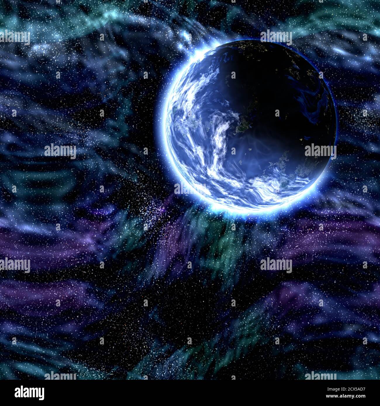 Galaxy exoplanet explorer - World Beyond our Solar System, sistema pianeta lontano nello spazio durante il tramonto, zona abitabile con oceani liquidi, aria in hab Foto Stock