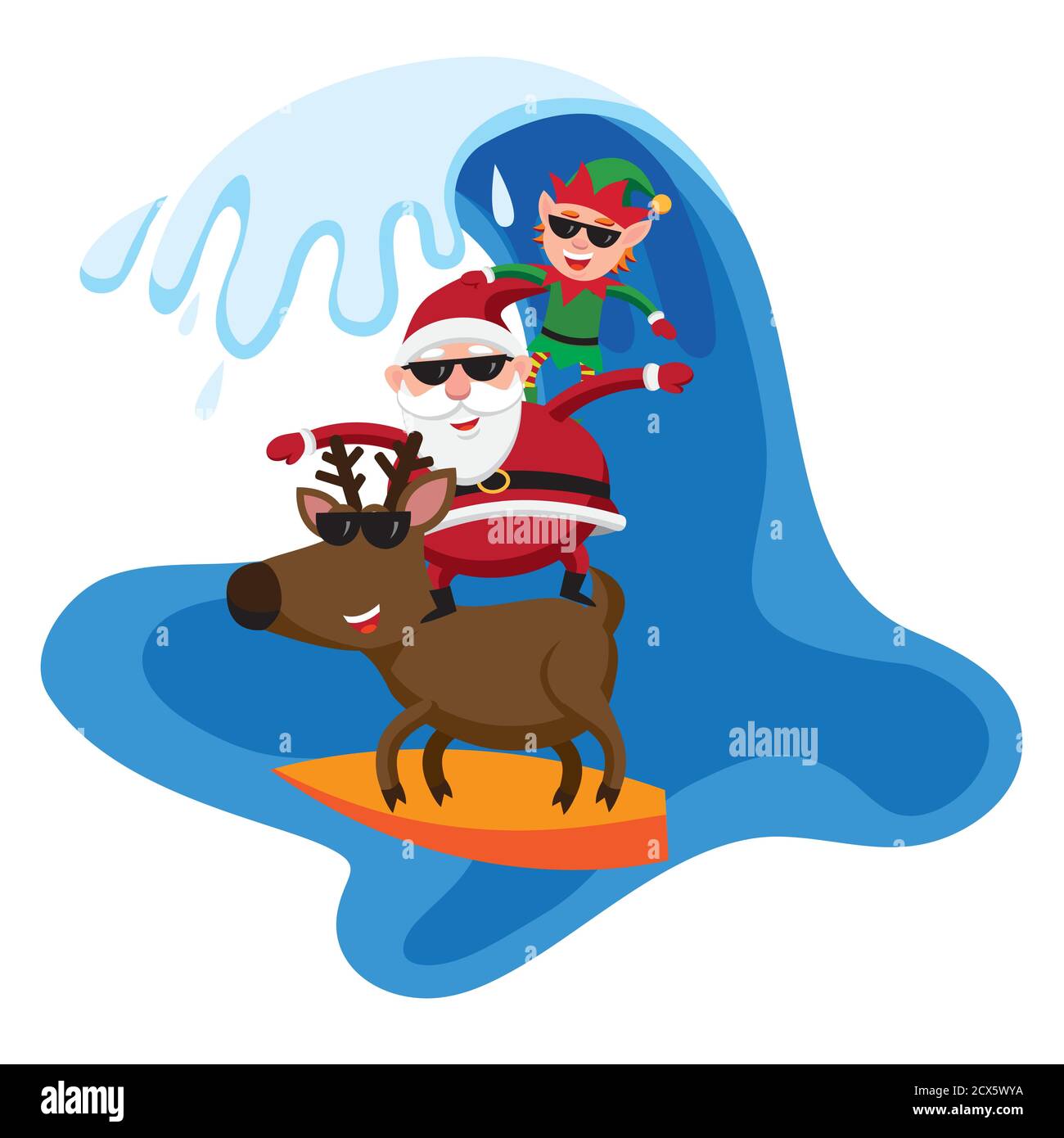 Surf Babbo Natale, elfo e renna Illustrazione Vettoriale