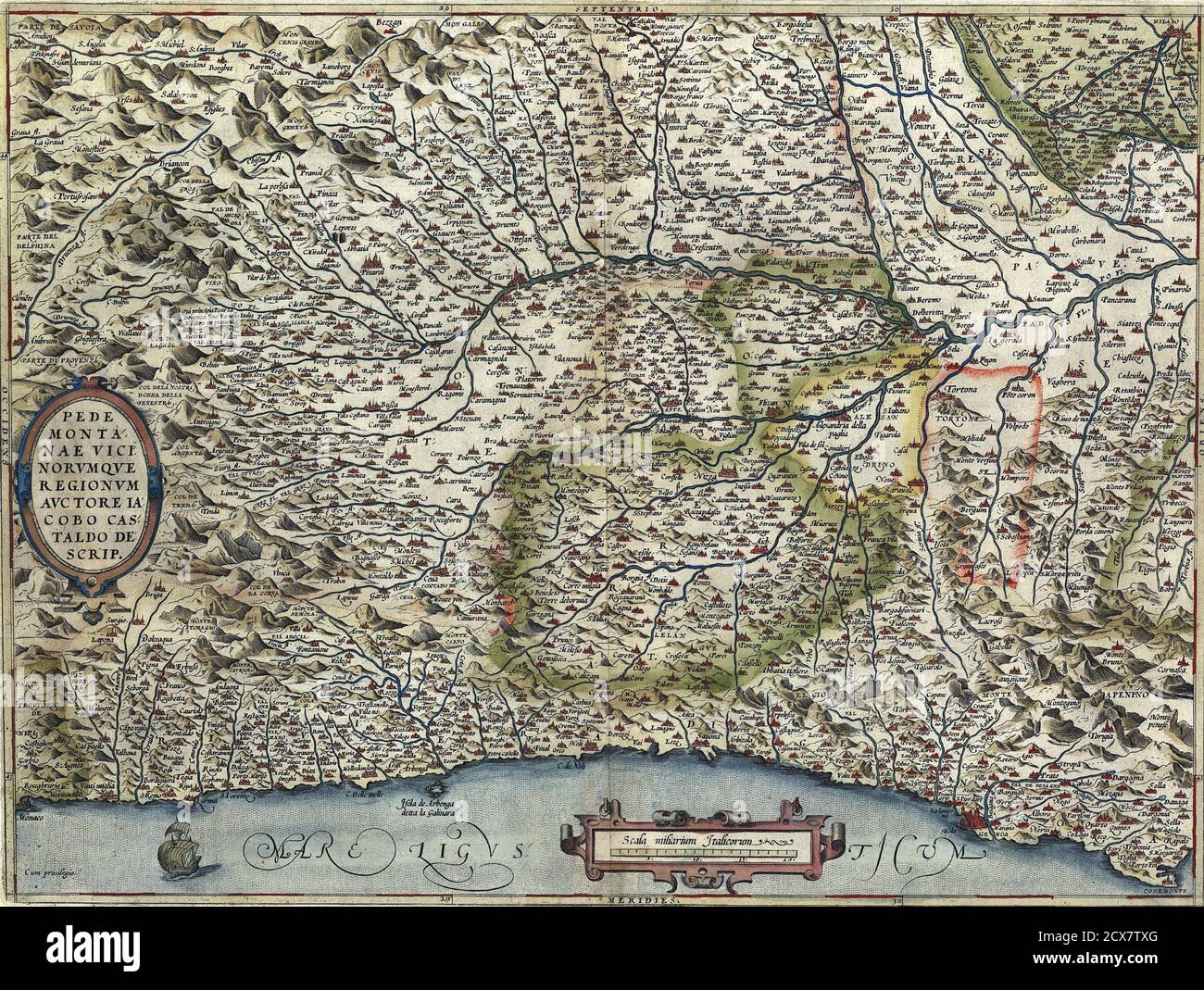 Antica carta del Piemonte Italia, di Abraham Ortelius, circa 1570 Foto Stock