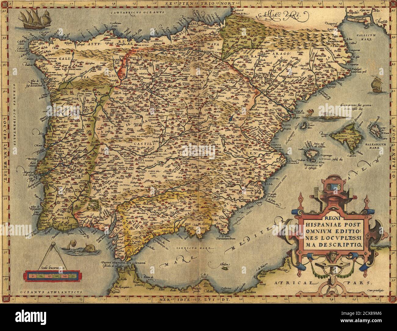 Antica carta della Spagna, di Abraham Ortelius, circa 1570 di dominio pubblico. Foto Stock