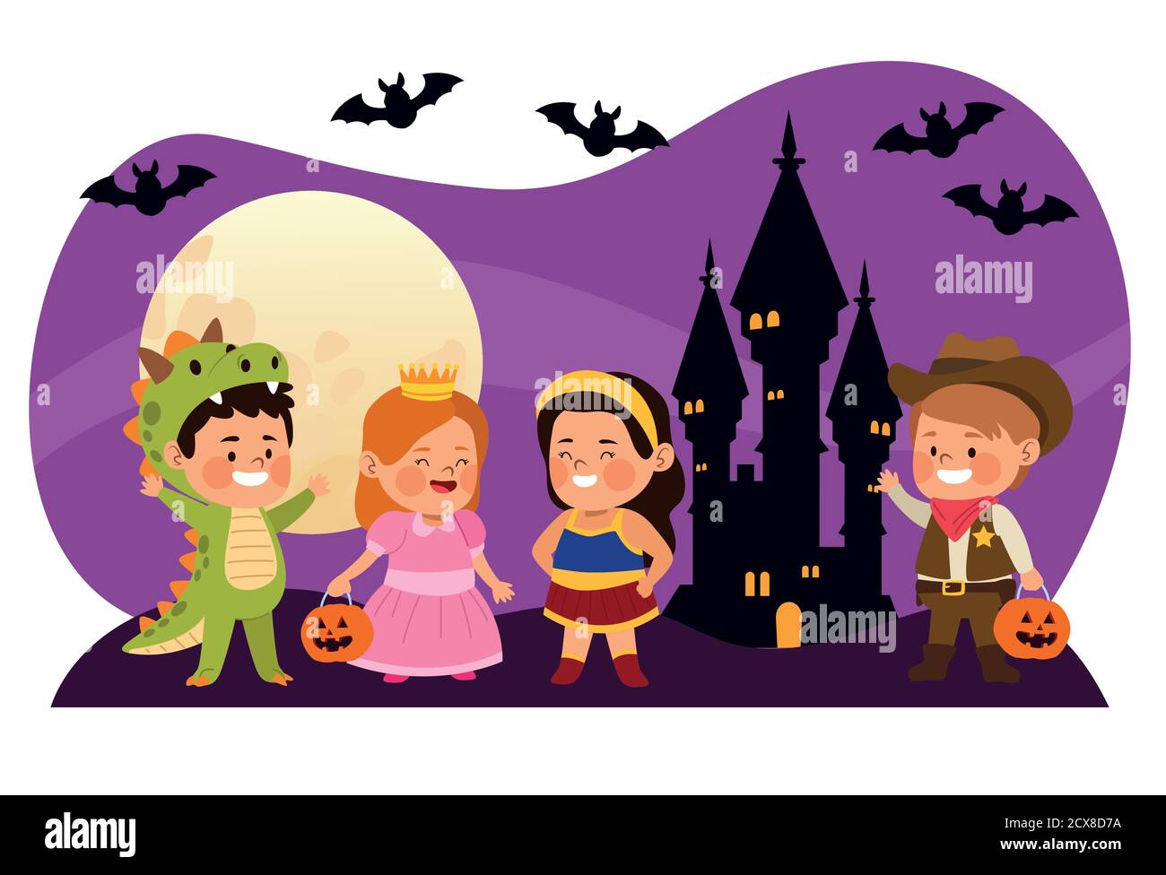 carino bambini vestiti come un carattere diverso con pipistrelli nel castello notte scena vettoriale illustrazione Illustrazione Vettoriale