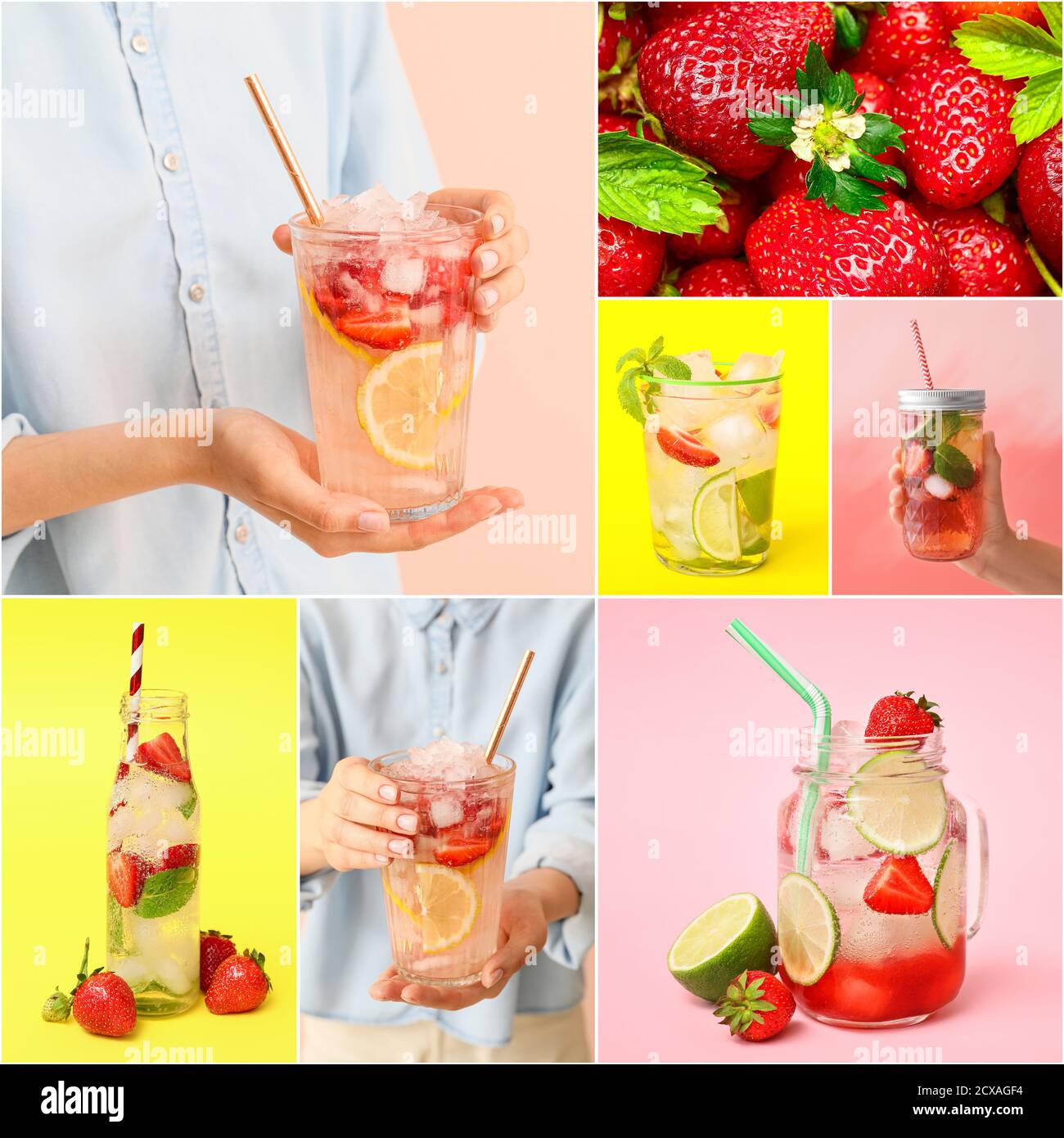 Collage di foto con limonata di fragole fresche Foto Stock