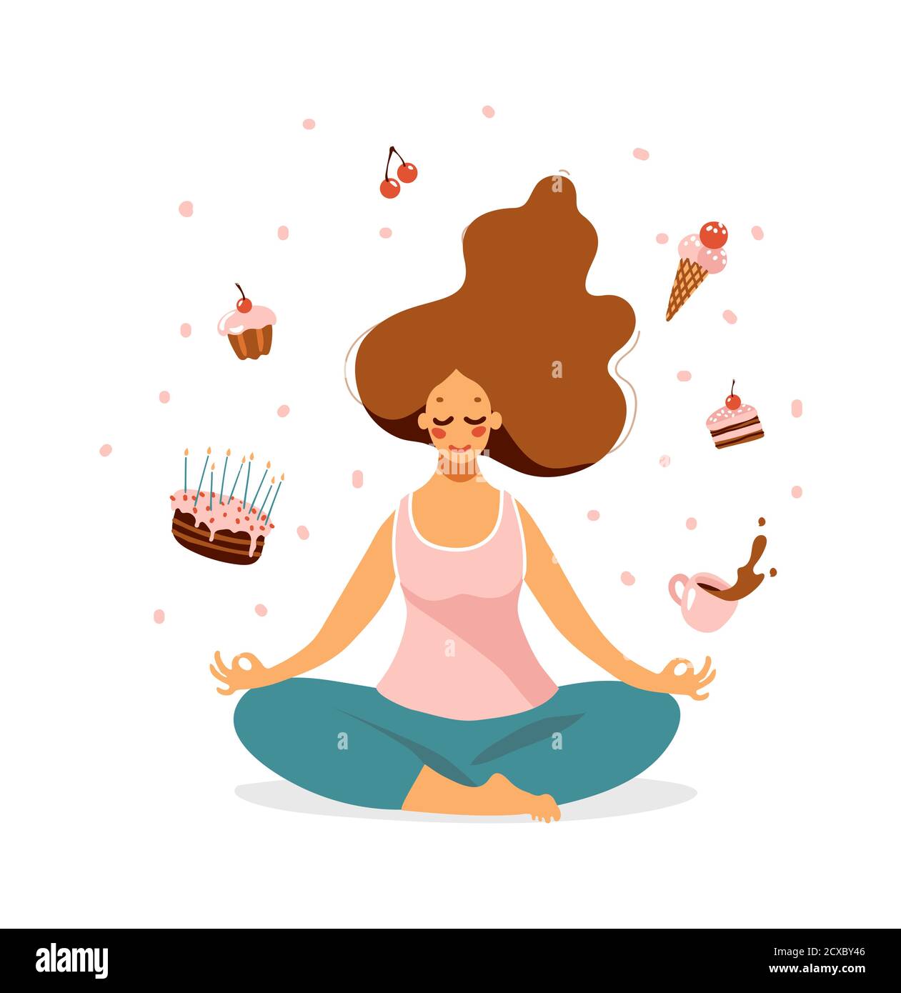 Una ragazza carina si siede in una posizione di loto e sogni di dolci. Una donna è impegnata nello yoga, volare torte, gelato e torta volare intorno. Simpatico personaggio di cartone animato femminile. Immagine vettoriale piatta isolata su sfondo bianco Illustrazione Vettoriale