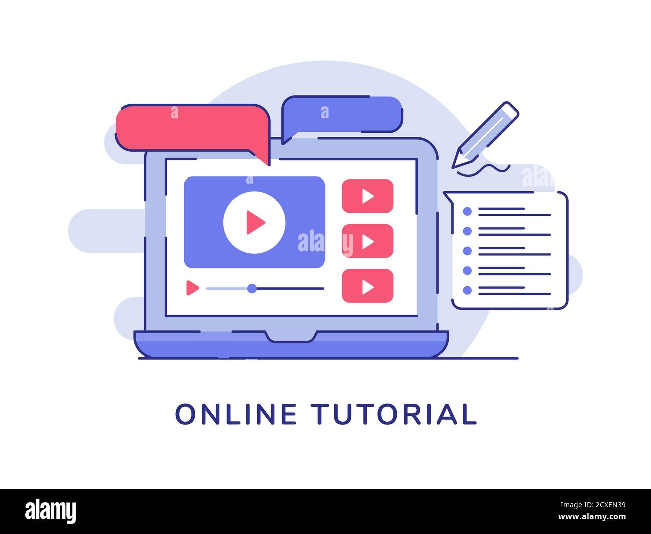 concetto di tutorial video online con note per computer portatile e lettore con stile moderno della linea dell'icona Illustrazione Vettoriale